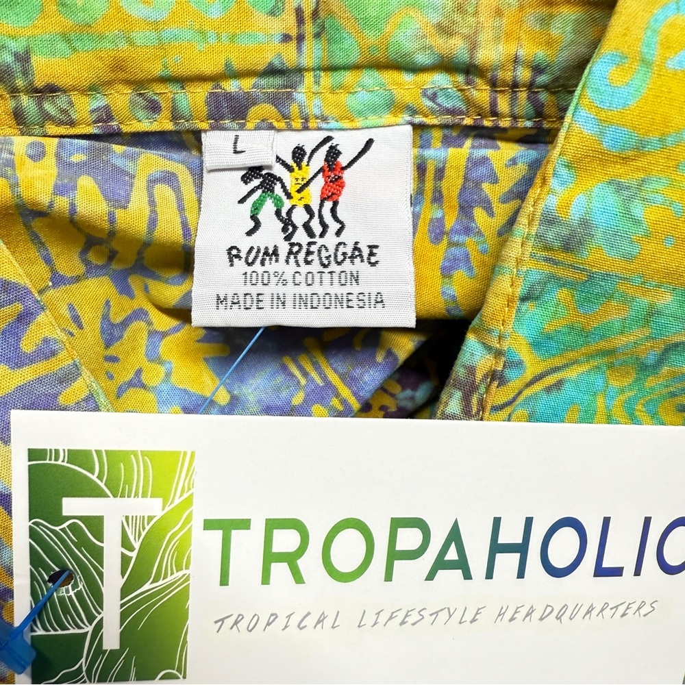 Rum Reggae Hawaiian Batik Camp Shirt "Mozambique" Saffron/Turq. Size Large NWT - Picture 6 of 16